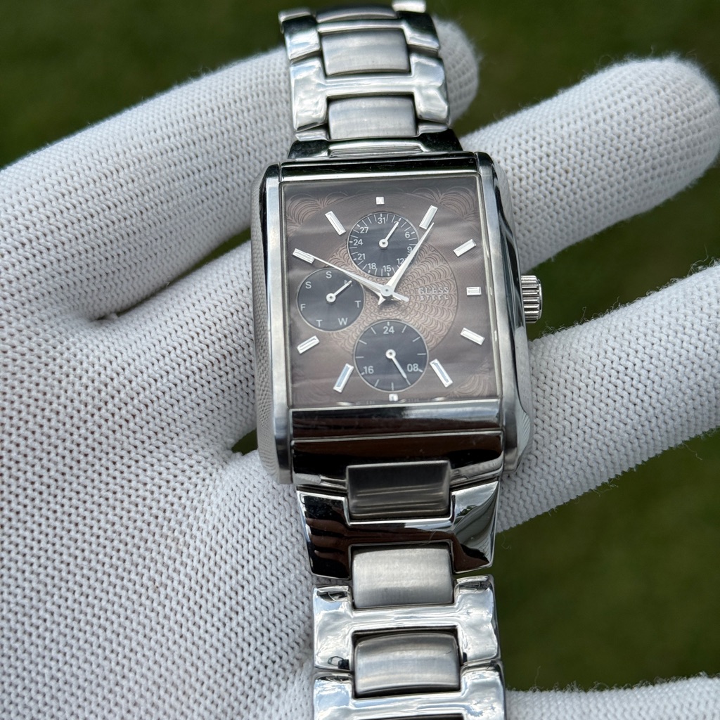 Guess Chronograph Brown Dial With Silver Bracelet Rectangular Dial Mens Watch